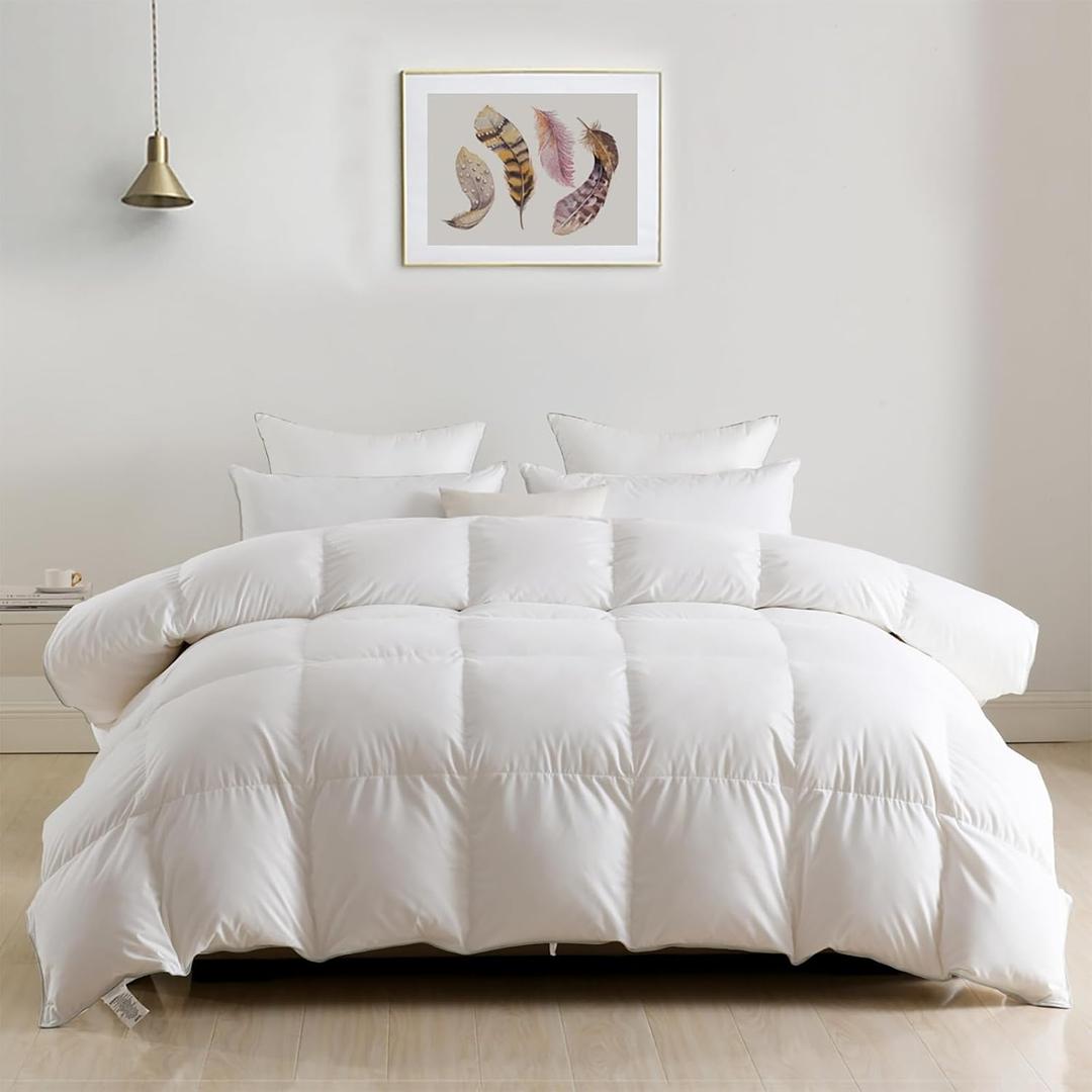DWR Heavyweight Down Feather Fibers Comforter Full/Queen, Ultra-Soft Cotton Blend Fabric, High Fill-Power 55oz Overfilled Winter Warm Hotel Duvet Insert for Cold Weather/Sleeper (90x90, White)