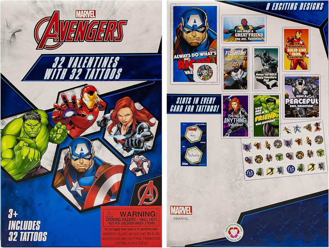 International Greetings 32 Count School Valentines Day Illustrated Cards with Matching Stickers or Tattoos (Avengers)