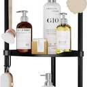 SWTYMIKI Corner Shower Caddy Standing - 3 Tier Stainless Steel Shower Organizer Stand, Large Capacity Floor Shelf with 4 Hooks, Rustproof Bathroom Storage Rack, Black