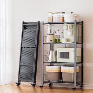Folding Storage Shelves, 4-Tier Metal Foldable Shelf Shelving Rack Organizer On Rolling Wheels in Kitchen Warehouse Patio Pantry Garage Collapsible Shelves No Assembly (Black, 4-Layer), 64 x 34.1 x 115 cm