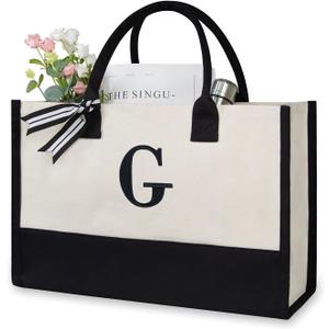 TOPDesign Personalized Initial Canvas Beach Bag, Monogrammed Gift Tote Bag for Women (Black & White)