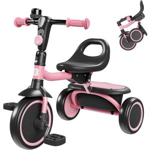 besrey Toddler Tricycle with Bell, Kids Tricycle Age 18 Months to 5 Years, Kids Trike, Toddler Bike for 2-4 Year Olds, Baby Bike, Gifts & Toys for Boys & Girls, Pink