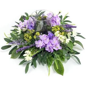 Hydrangea Floral Candle Holder Centerpiece – Artificial Silk Flowers with Glass Votive for Dining Table, Coffee Table, Fireplace Mantel, Wedding & Party Decor, Spring & Summer Home Decoration