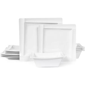 Square Melamine Dinnerware Sets of 12 Pcs,Square Plates and Bowls Sets,Unbreakable Dish Set for 4,Lightweight, Dishwasher Safe and BPA Free,Suit for RV,CampingWhite