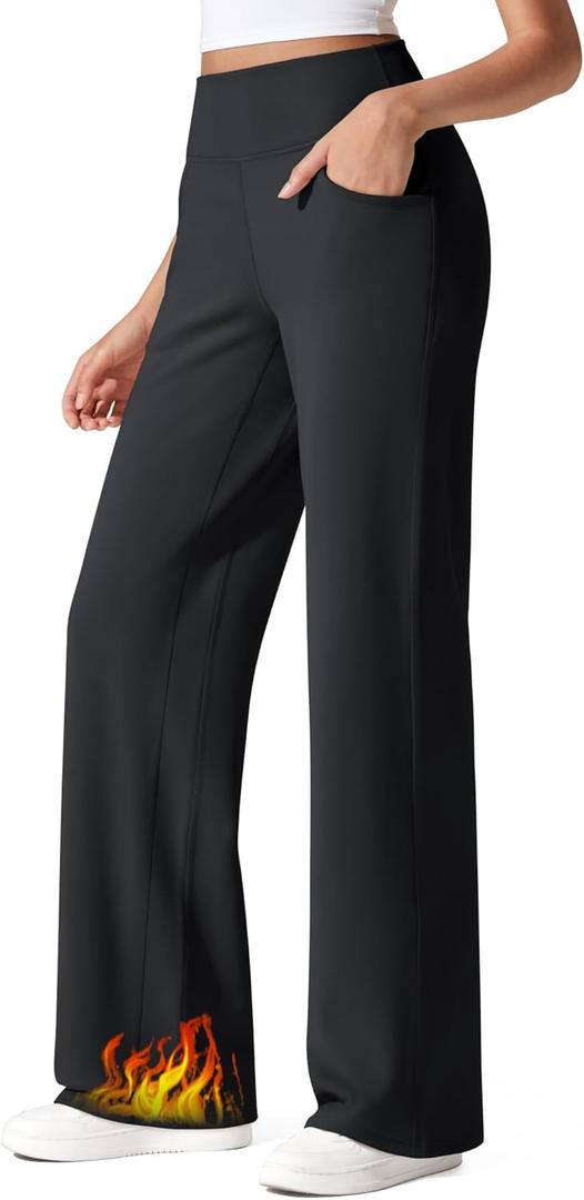 G4Free Fleece Lined Pants Women Wide Leg Work Trousers with Pockets High Waisted Sweatpants for Casual Dress Winter (X-Large Petite, Black)