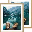 22x28 Frame Set of 2, Natural Oak Wood Style - Display 18x24 Picture Frame with Mat or 22 x 28 Poster Frame without Mat, Wall Mounting Horizontal and Vertical