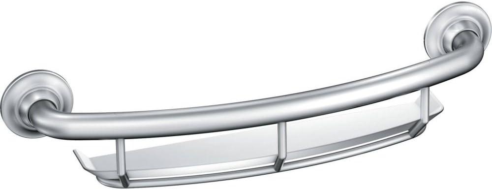 Moen Chrome Bathroom Safety 16-Inch Screw-in Curved Shower Grab Bar with Built-in Shelf for Storage, LR2356DCH
