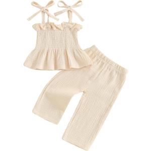 VISGOGO Infant Baby Toddler Girls Clothes Solid Color Sleeveless Camisole Linen Pants Set Baby Summer Outfits (Beige, XS)