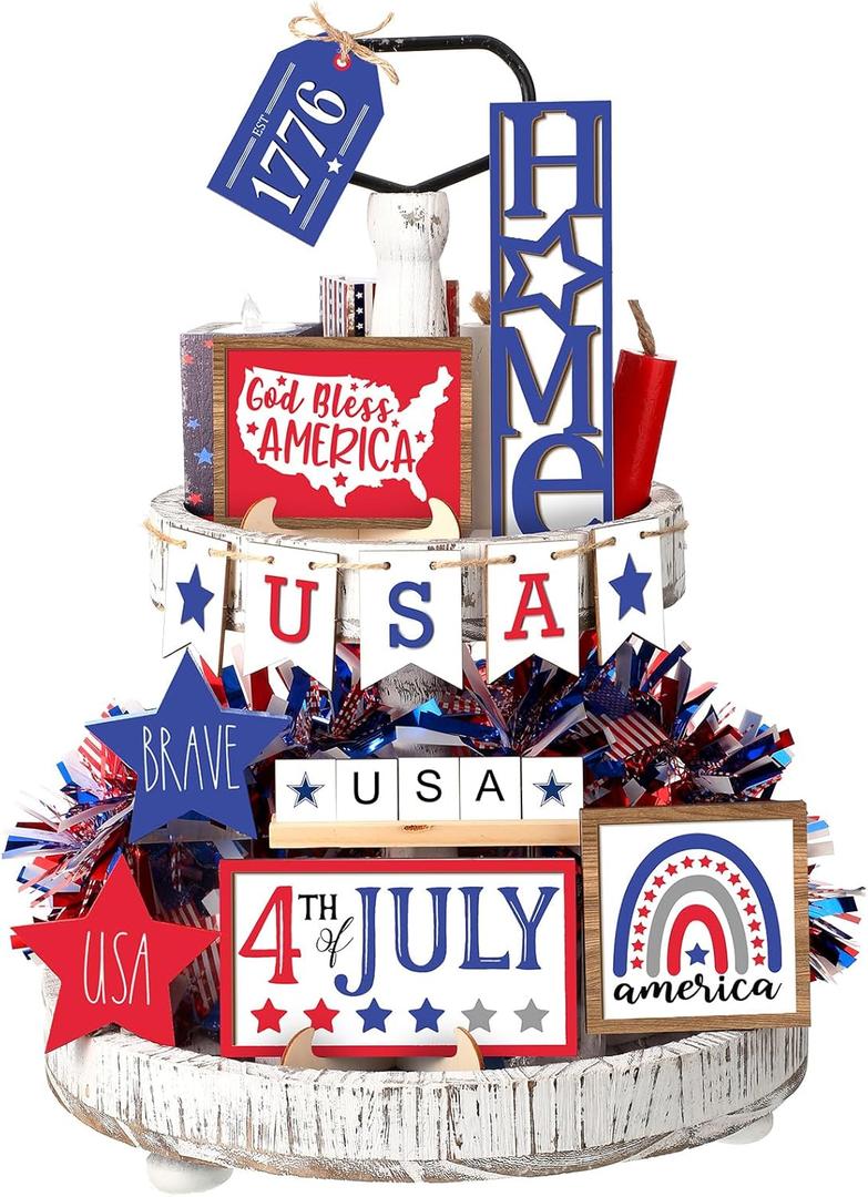 13 Pieces 4th of July Tiered Tray Decor Patriotic Table Decor Wood Signs Independence Day Decorations for Memorial Day American Star Red White Blue Farmhouse Home Party (Classic)