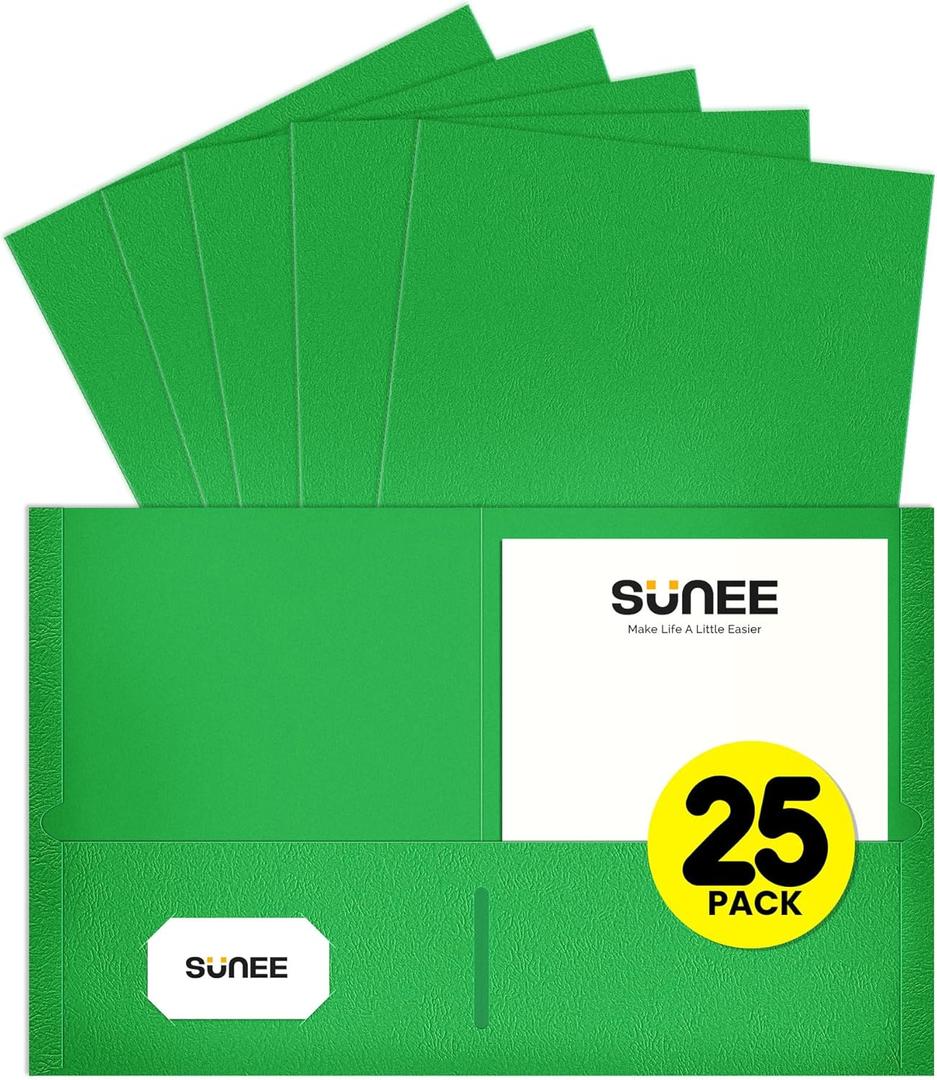 SUNEE Folders with Pockets(25 Pack, Green), 2 Pocket Folders Fit Letter Size Paper, Paper File Folder for School Office Home Business