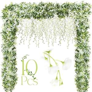 Crowye 10 Pcs 7.2ft/pcs Artificial Flowers Wisteria Garland Artificial Wisteria Vine Hanging Flower Decorations Flower Vines for Outdoor Wedding Wall Arch Party Backdrop Floral Decor (White)