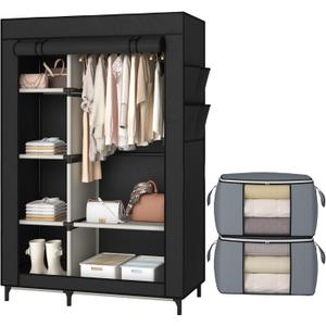 Calmootey Portable Closet, Wardrobe with 6 Shelves and Hanging Rod, Storage Organizer for Bedroom, Non-Woven Fabric Cover with 4 Side Pockets, Includes 2 Storage Bags for Clothes, Black
