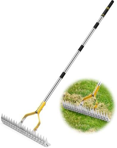 Trydream Thatch Rake, 15 Inch Wide Lawn Thatching Rakes for Cleaning Dead Grass, Efficient Metal Steel Lawn Dethatcher with Sponge Handle, Lawn loosening Soil Grass Rake (Silver)
