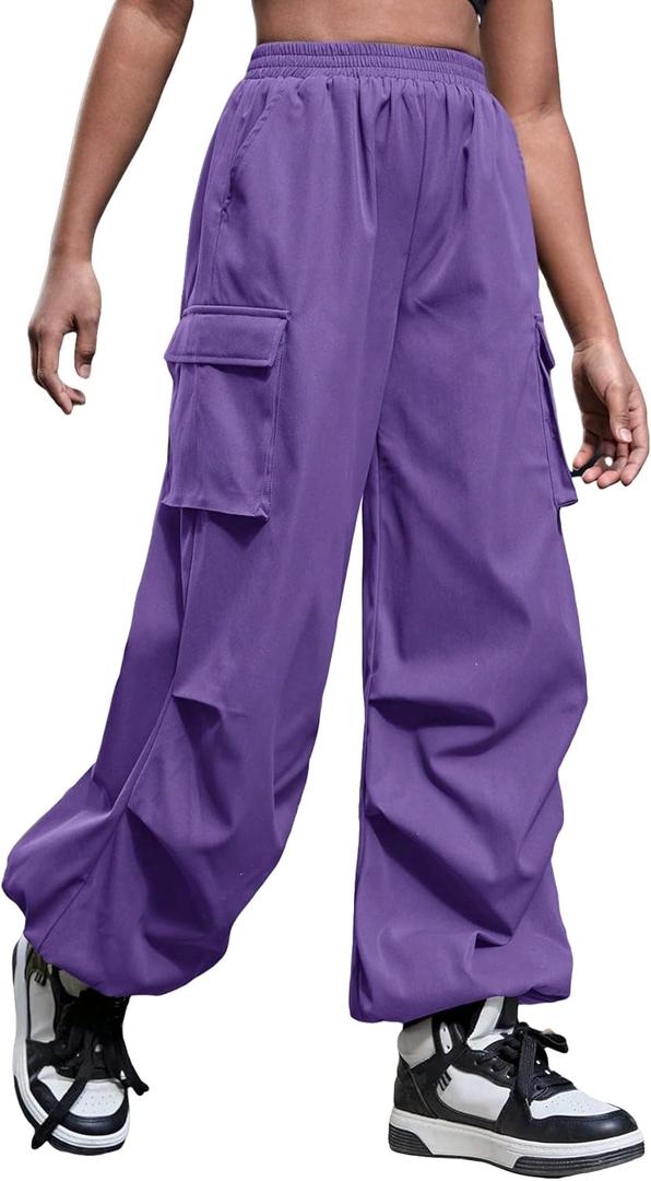 OYOANGLE Girl's Y2K Cargo Pants Elastic Waist Jogger Pants Trousers with Pocket (11-12Y, Purple)