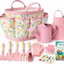 Qtioucp Kids Gardening Set 14Pcs Garden Tools with Tote Bag,Watering Can, Shovel, Apron, Garden Book and More Educational STEM Learning Outdoor for Toddlers Boys Girls (Floral)