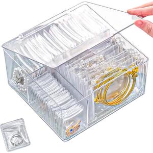4 In 1 Acrylic Jewelry Organizers and Storage with 60 Portable Anti Tarnish Jewelry Bags, Clear Jewelry Box Organizer, Travel Jewelry Case for Earrings/Rings/Necklaces for Women Girls