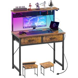 MUTUN Small Desk with Drawers, 31 Inch Computer Desk with Power Outlet & LED Light, Gaming Desk with Adjustable Monitor Stand & Pegboard, Modern PC Study Writing Table for Bedroom, Rustic Brown