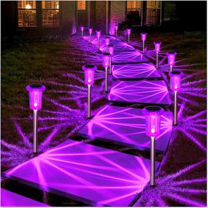 DenicMic Solar Lights Outdoor 10 Pack Waterproof Purple LED Stainless Steel Stake Outside Lights for Yard Pathway Garden Driveway Walkway Landscape Path Lighting Halloween Decorations Outdoor