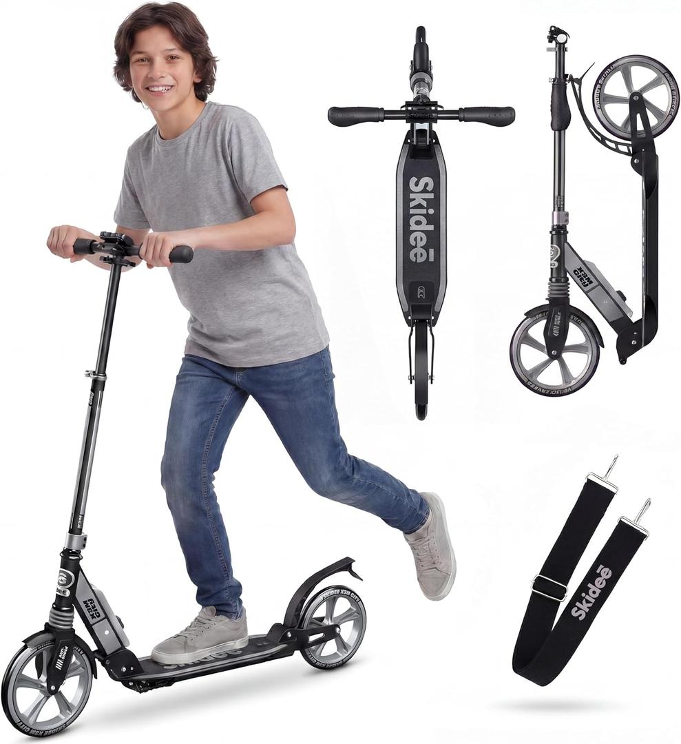Skidee Adult & Teen Scooter Adjustable Height, Folding, Large Wheels, Lightweight, Durable, Anti-Shock Suspension, Up to 220 lbs