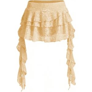 Women's Y2K Mini Skirt Ruffle Lace Asymmetrical Cute Skirts Layered Flowy Pleated Skort with Shorts for Concert Party (Yellow, XL)