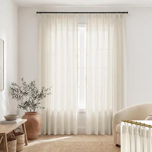SHINELAND Pinch Pleated Sheer Curtains 84 Inches Long, Linen Textured Cream Cottage Core Farmhouse Curtain for Living Room (40"W x 84"L (Pack of 2), Natural)