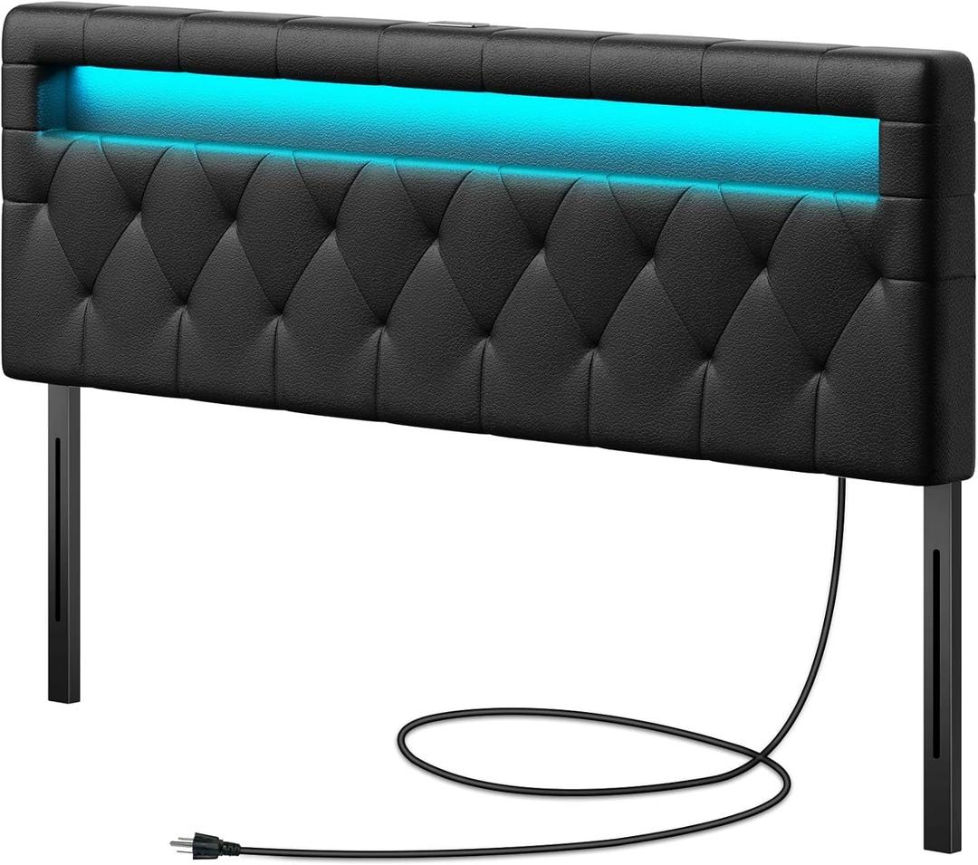 GREENSTELL Headboard for Full Size Bed with 60,000 DIY Color of LED Light, USB & Type C Post, Attach Frame, Height Adjustable, Black Wall Mounted Head Boards Only, Sturdy & Stable, Comfortable, Full