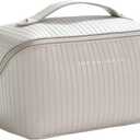 Travel Toiletry Bag Makeup Bag, Water-Resistent Cosmetic Bags for Women, Portable Pouch Open Flat Make Up Organizer Case, Cosmetic Bags, Grey Striped