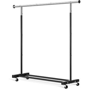 Clothing Rack, 55.51 Inch Heavy Duty Clothes Rack Rolling Garment Rack with Wheels and Bottom Shelf, 130LB Capacity Clothes Racks for Hanging Clothes, Coats, Shirts, Sweaters, Skirts, Black, (Single)