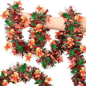 50FT Red Green Christmas Tinsel Garland with Tree Gingerbread Man Ornaments Metallic Xmas Garland for Christmas Tree Decorations Holiday Decor for Mantel Staircase Indoor Outdoor Home Office Party