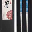 Titanium Plated Chopstick Stainless Steel Chopsticks Metal Chopsticks Reusable Dishwasher safe Premium Laser Engraved Chop Sticks for Eating 2 Pairs Gift Set Blue Silver
