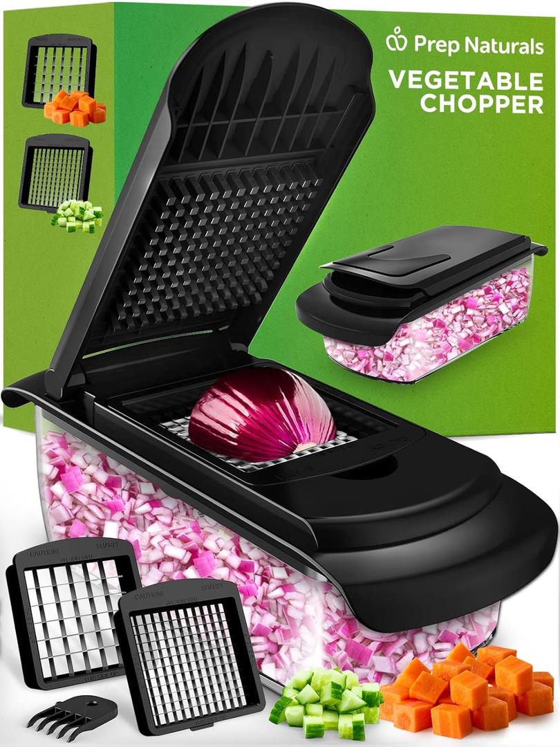 PrepNaturals Vegetable Chopper with Container, Veggie Chopper, Food Chopper & Onion Chopper - Mandoline Slicer for Kitchen (4 in 1, Black)