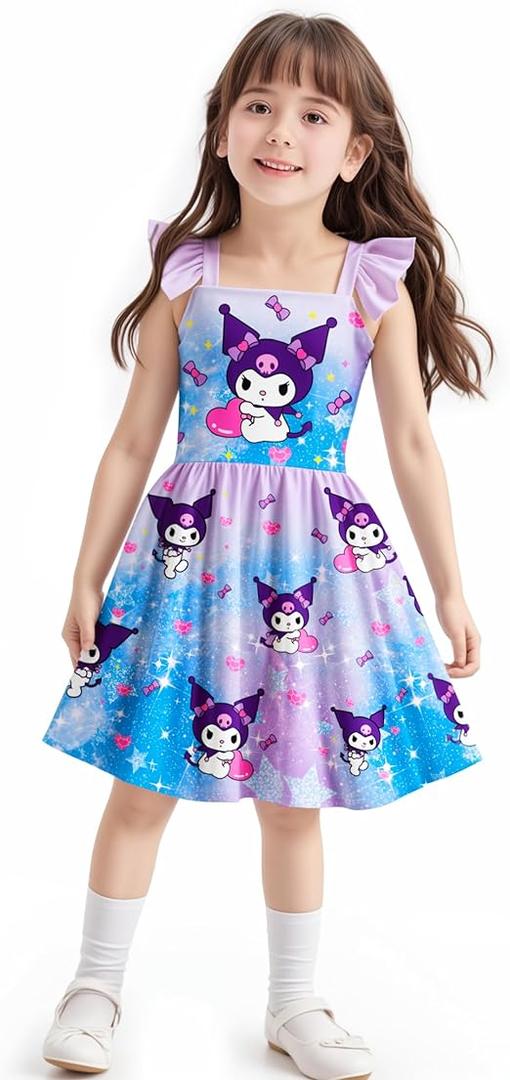 LINGQI SHIZU Girls Dress Ruffled Sleeves Easter Summer Cartoon Princess Valentine Casual Style Dresses for Toddler Kids 5-6 Years