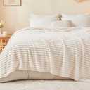 BEDELITE Blankets Queen Size for Bed, 300GSM Soft & Warm Fleece Blanket, Decorative and Giftable Striped Cream White Blankets for Women, Men, 90"x90"