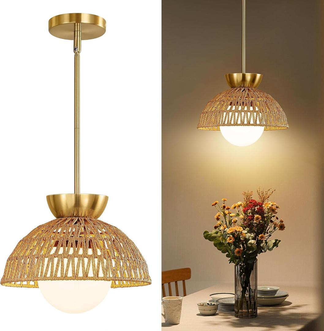AIJIASI Rattan Pendant Light, 11.8" Hand Woven Boho Pendant Light Fixture with Milk Glass Globe, Gold Kitchen Pendant Lighting Over Island Adjustable Chandelier for Dining Room Hallway Foyer