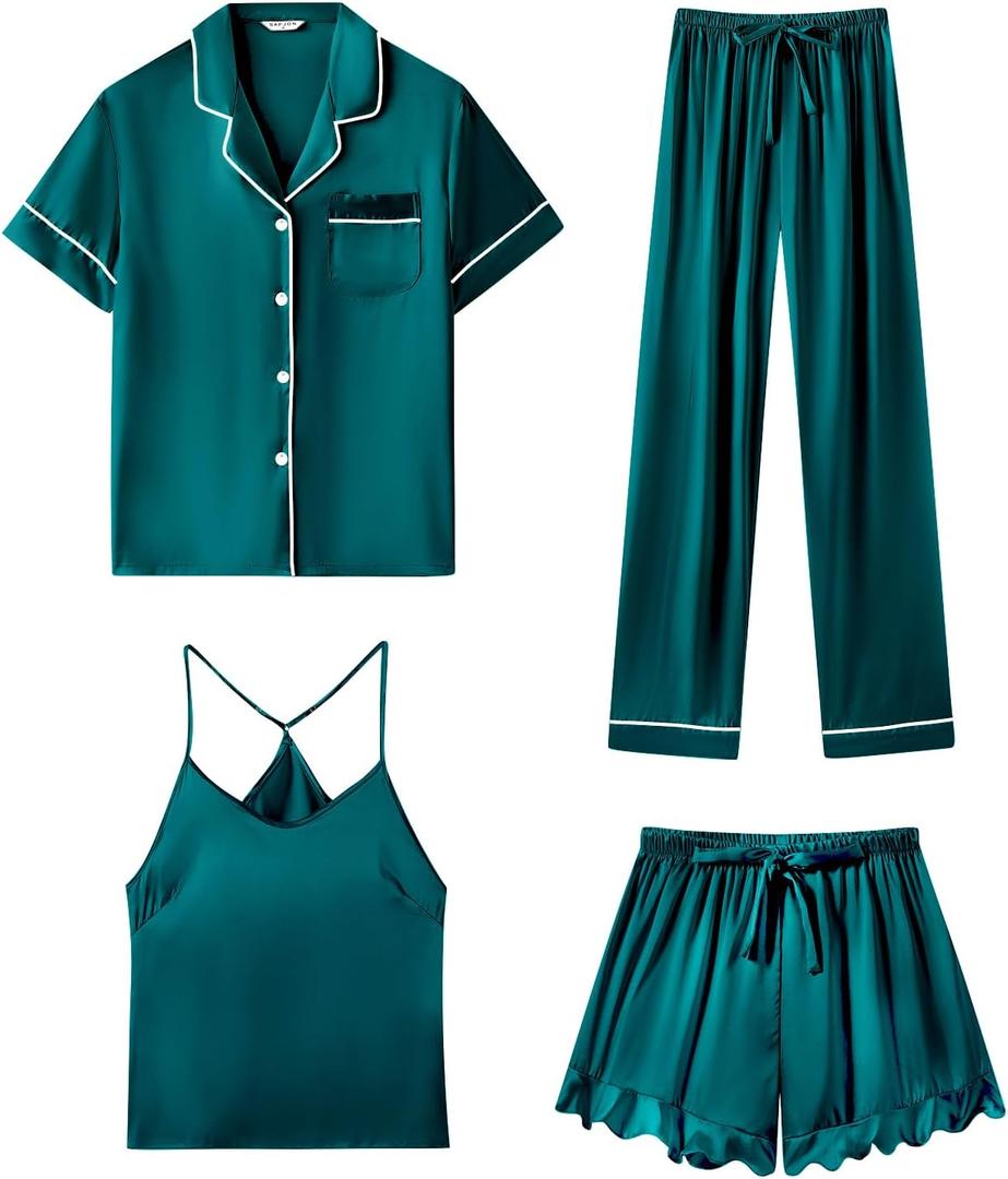 SAPJON Silk Pajamas for Women Set 4Pcs Ruffled Satin Pajamas Set Button Down Short Sleeve Cami Shorts Sleepwear Pj Set, Size S