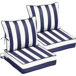 22x22 Outdoor Chair Cushions Set of 2, Waterproof Deep Seat Cushions for Patio Furniture with Removable Cover, Fade Resistant 4'' Outdoor Seat Cushion with Ties Handle for Sofa Couch, Blue Stripe, 22x22x4in-2Set