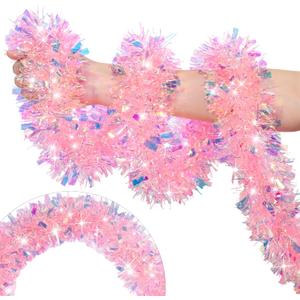 50 Feet Pink Christmas Tinsel Garland for Christmas Tree Decorations, Xmas Metallic Twist Shiny Hanging Garland Decor for Mantle Stairs Fireplace Home Holiday Indoor Outdoor