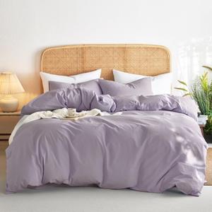 Wake In Cloud - Cotton Duvet Cover Set, Queen Size, Light Purple, 100% Washed Cotton, Linen Like Textured, Breathable Percale Durable Comfy Farmhouse Neutral Bedding Set, 3 Pieces