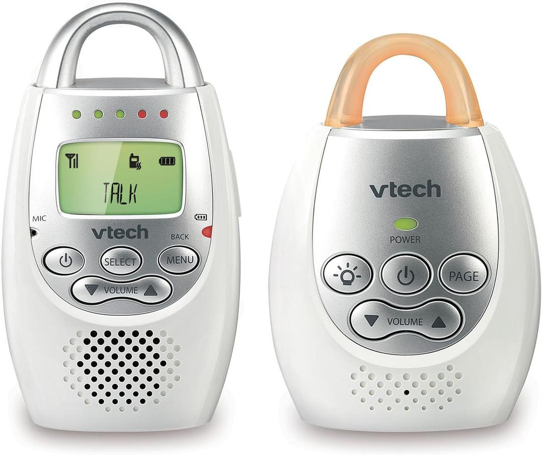 VTech Communications DM221 Audio Baby Monitor with up to 1,000 ft of Range, Vibrating Sound-Alert, Talk Back Intercom & Night Light Loop, White/Silver