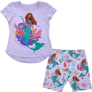 Disney Girls' Disney's the Little Mermaid (Live-action) Girls T-shirt & Bike Short 2pc Set - Ariel, Flounder, Sebastian - Girl 4-16 (XL)