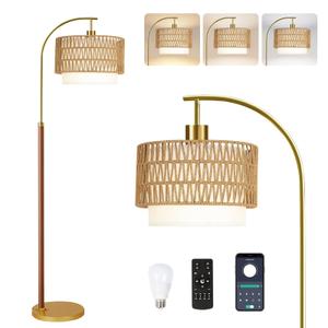 ZECOXOL Boho Floor Lamps for Living Room Wood Floor Lamp with Remote Control,Dimmable Rattan Floor Lamps Farmhouse Gold Standing Lamp with 3 Color Temperature Tall Arc Floor Lamp for Bedroom Corner