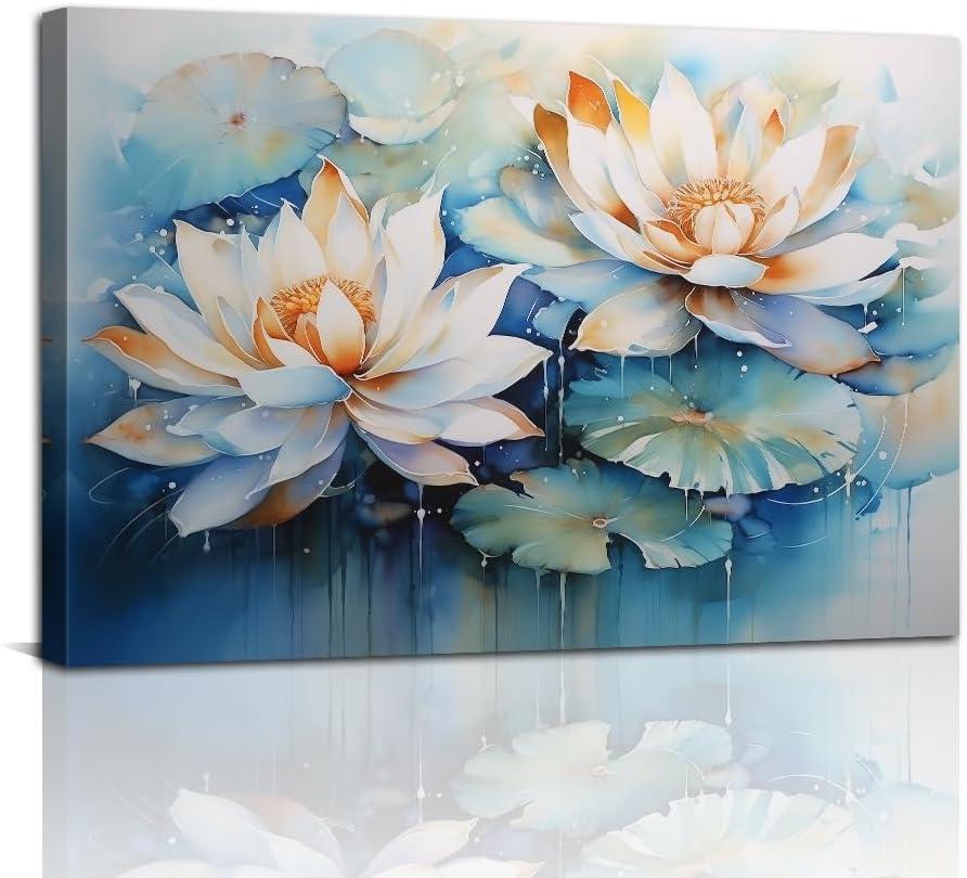 White Lotus Canvas Wall Art Lotus Flower Picture Prints Zen Floral Bloom Paintings for Bathroom Meditation Room Decor Framed(Lotus-3,16.00" x 24.00")