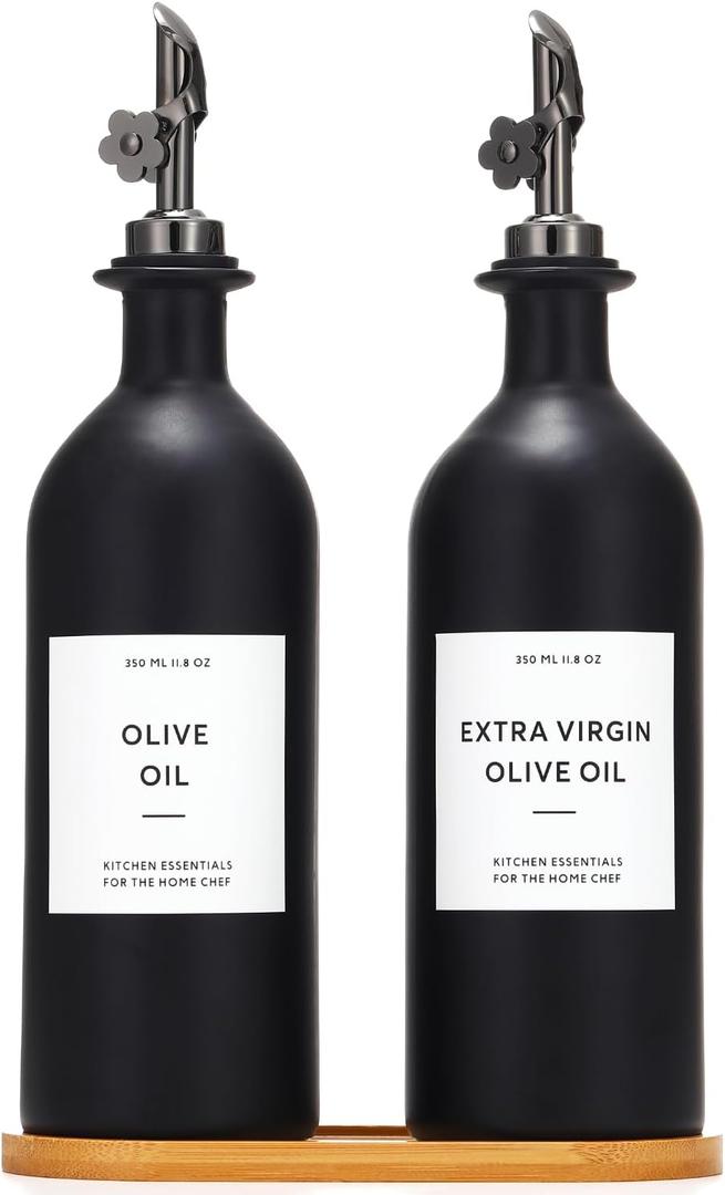 HOMCDALY Olive Oil Dispenser for Kitchen, 16oz Glass Oil Bottles with Bamboo Tray, Black Oil&Vinegar Cruet Set, Kitchen Dispenser Bottles with Pourer | Set of 2 (16oz  Black)