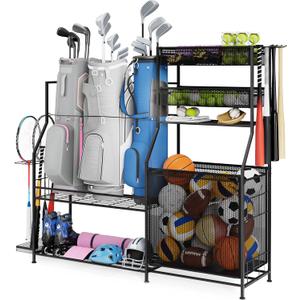 Garage Sports Equipment Organizer, 3 Golf Bag Organizer Stand Heavy-Duty Ball Storage Rack with Basket and Hooks, Ball Storage Cart for Toy Sports Gear Storage, Black