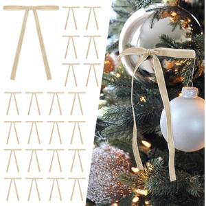 SIMISI RIBBON 24Pcs Champagne Christmas Velvet Ribbon Bows Decorations Xmas Ornaments Vintage Decor for Tree, Wreath, Garland (3/8'' Width, 5 * 7 inch)