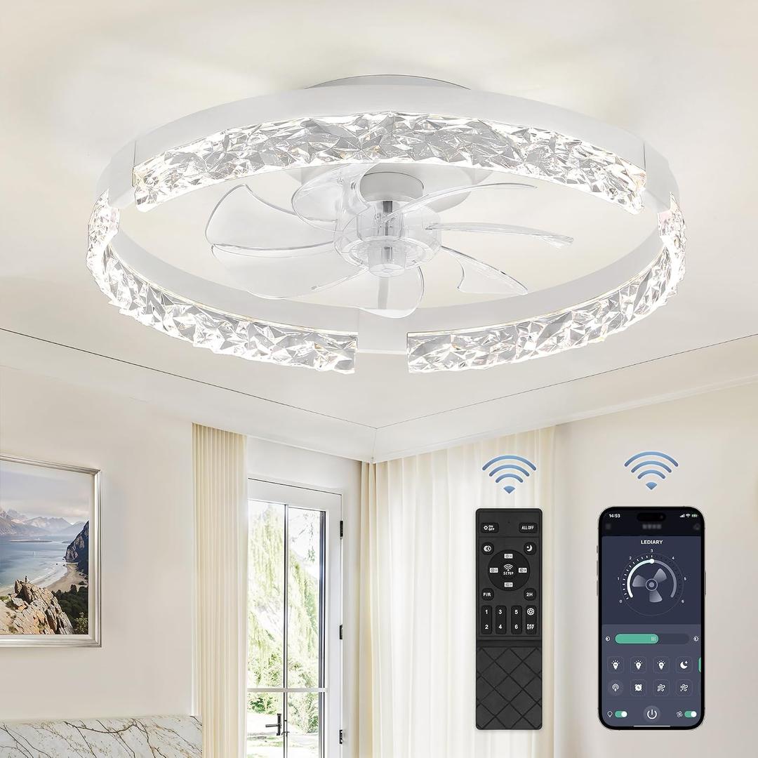 LEDIARY 20 Inch Low Profile Ceiling Fans with Lights and Remote, Fandelier Ceiling Fan Flush Mount, 3000K-6000K Dimmable LED Fan Light, White Modern Ceiling Fans with Lights for Bedroom
