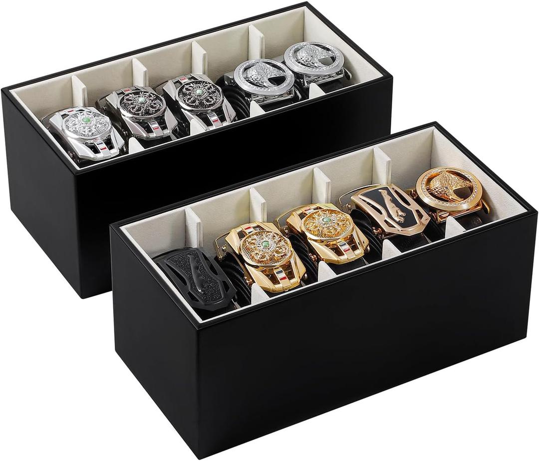 2 Packs Leather Belt Organizer for Closet and Drawer, Stackable 5 Grids Dresser Drawer Organizers, Belt Tie Holder for Men, Tie Box-Black