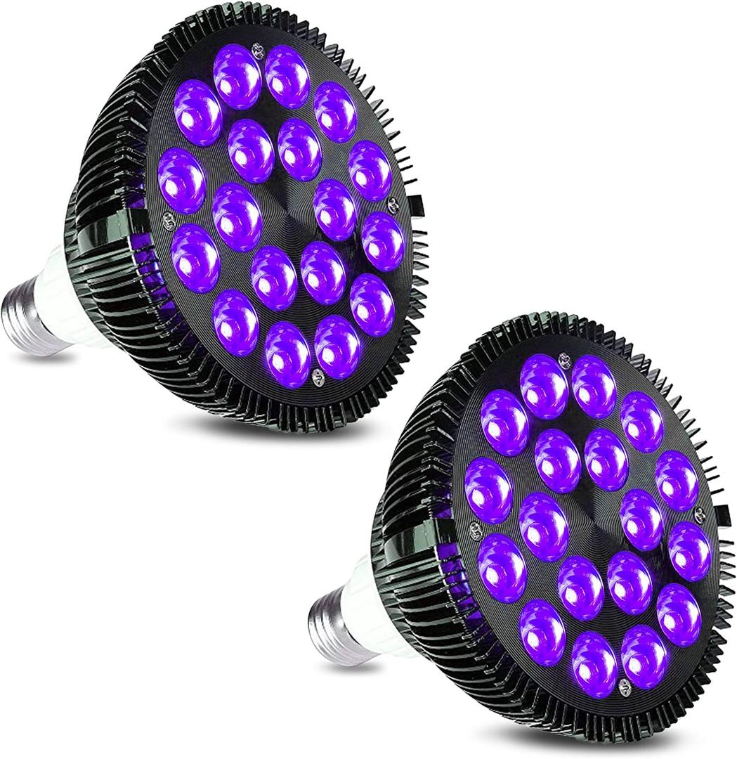 KINGBO Black Light Bulbs, 2 Pack 36W LED Blacklight Bulbs E26 PAR38 Glow in The Dark, UV Black Bulb 395nm LEDs for Blacklight Party, Art, Holiday Decorations, Acrylic Pouring Light
