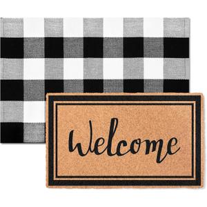 2 PCS Layered Welcome Mat Set - Brown Coir Doormat (17.7"x 29.5") & Black White Buffalo Plaid Outdoor Rug (23.6" x 35.4"), Non-Slip Farmhouse Entryway Front Porch Decor