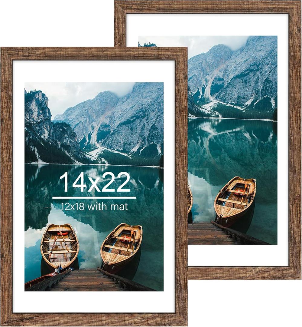 14x22 Picture Frame Set of 2, Rustic Brown Wood Style - Display 14 x 22 Picture without Mat or 12x18 Picture with Mat, Wall Mounting Horizontal and Vertical